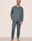Model is wearing Henry TENCEL™ Modal Long PJ Set in Stone Blue