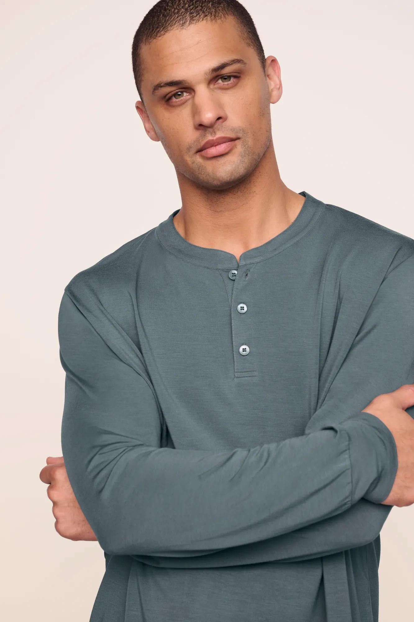 Model is wearing Henry TENCEL™ Modal Long PJ Set in Stone Blue
