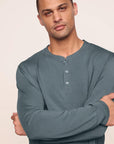 Model is wearing Henry TENCEL™ Modal Long PJ Set in Stone Blue