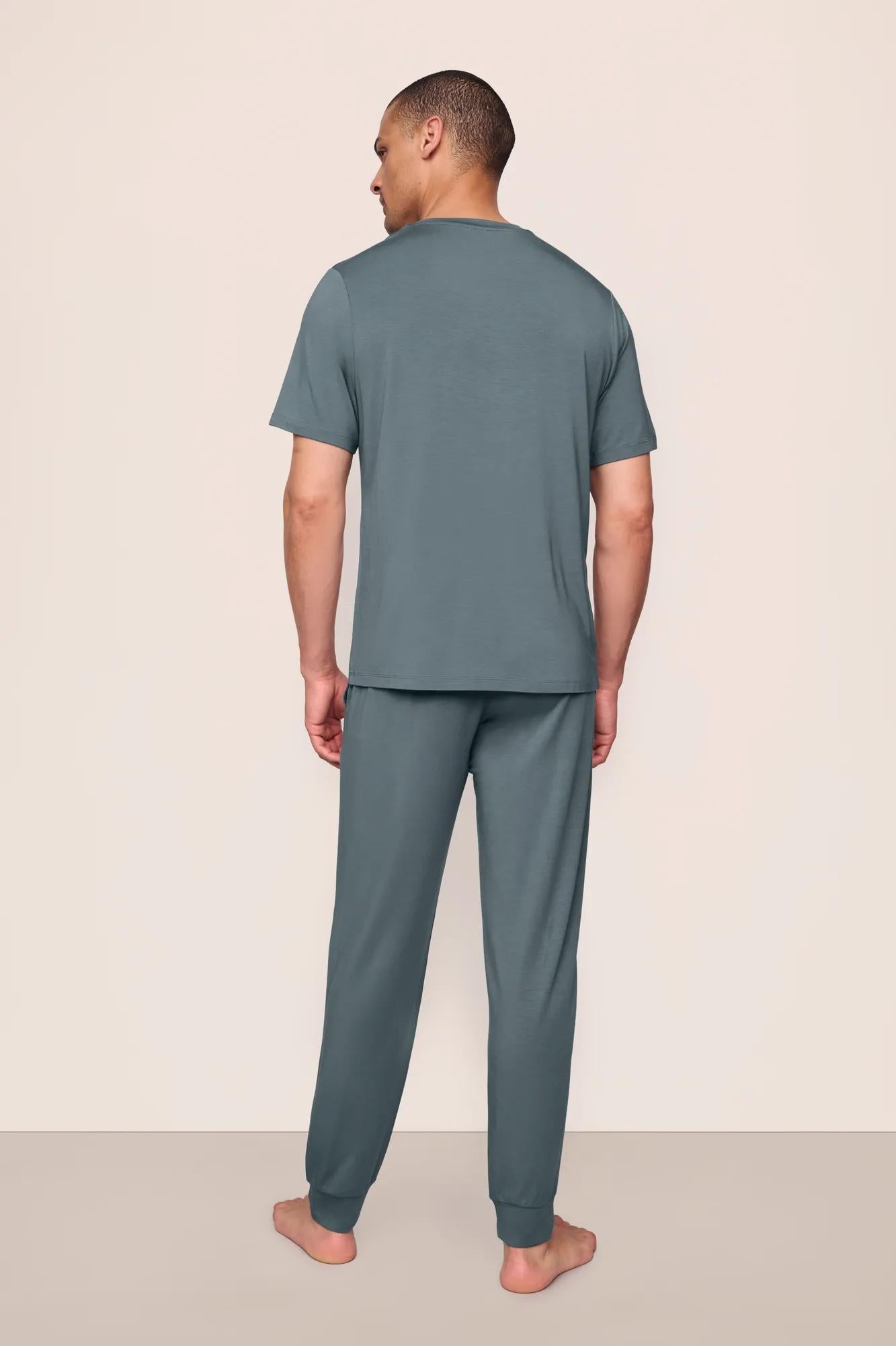 Model is wearing Henry TENCEL™ Modal Short Sleeve & Pant PJ Set in Stone Blue
