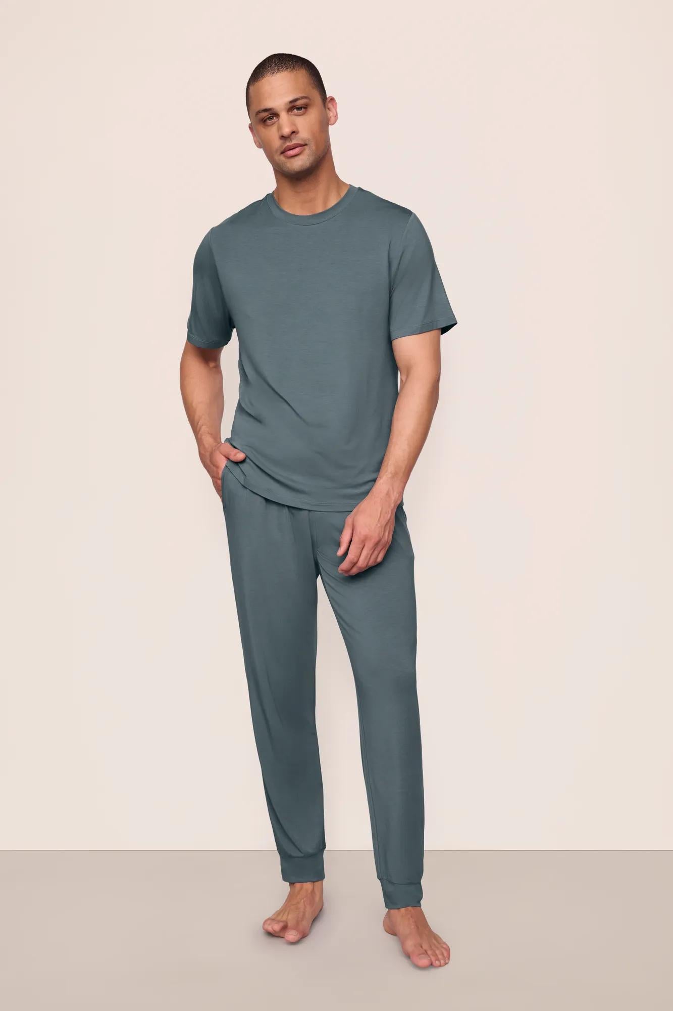 Model is wearing Henry TENCEL™ Modal Short Sleeve & Pant PJ Set in Stone Blue
