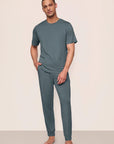 Model is wearing Henry TENCEL™ Modal Short Sleeve & Pant PJ Set in Stone Blue