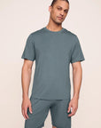 Model is wearing Henry TENCEL™ Modal Short PJ Set in Stone Blue