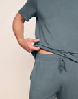 Model is wearing Henry TENCEL™ Modal Short PJ Set in Stone Blue