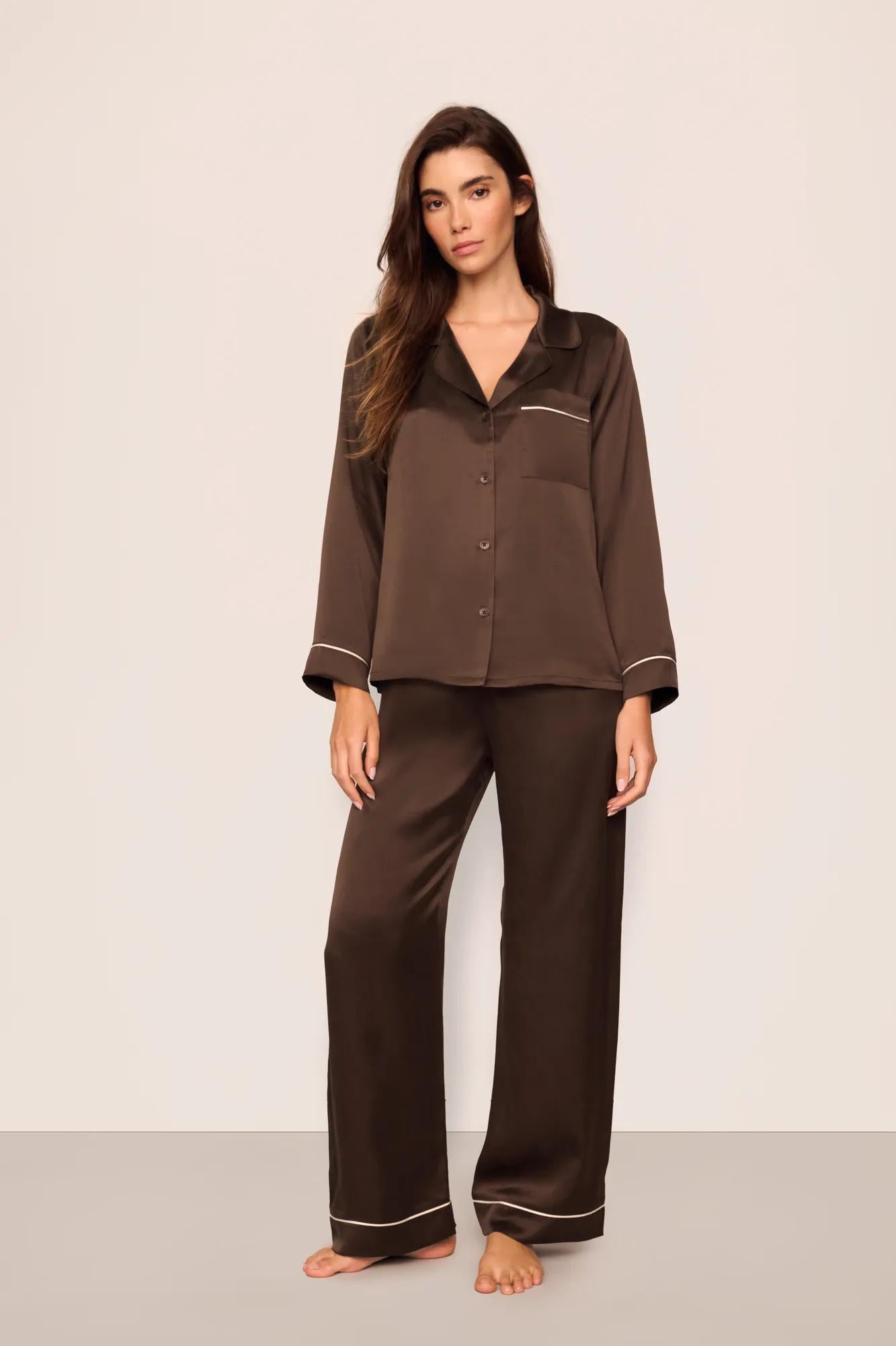 Model is wearing Inez Washable Silk Long PJ Set in Chocolate/Ivory