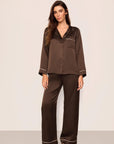 Model is wearing Inez Washable Silk Long PJ Set in Chocolate/Ivory