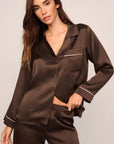 Model is wearing Inez Washable Silk Long PJ Set in Chocolate/Ivory