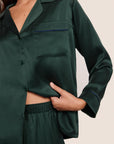 Model is wearing Inez Washable Silk Long PJ Set in Pine/Navy
