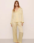 Model is wearing Inez Washable Silk Long PJ Set in Sunshine/White