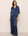 Model is wearing Inez Washable Silk Jacquard Relaxed Wide Leg Pant PJ Set in Navy