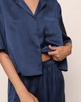 Model is wearing Inez Washable Silk Jacquard Relaxed Wide Leg Pant PJ Set in Navy