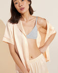 Model wears Inez Washable Silk Short PJ Set in Champagne/Rose Cloud.