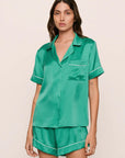 Model is wearing Inez Washable Silk Short PJ Set in  Oasis Green/White