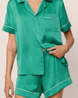 Model is wearing Inez Washable Silk Short PJ Set in  Oasis Green/White
