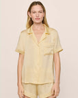 Model is wearing Inez Washable Silk Short PJ Set in Sunshine/White