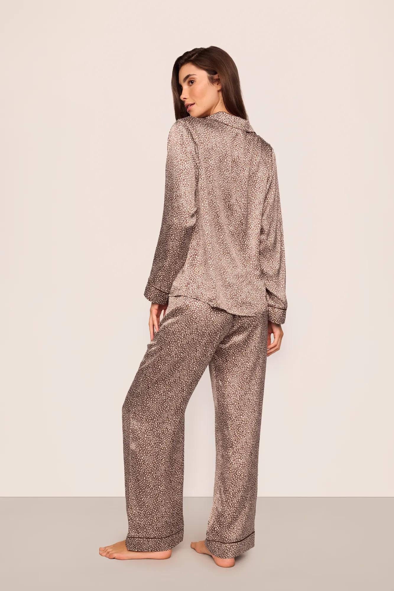 Model is wearing Inez Washable Silk Printed Long PJ Set in Animal Instinct Deep Taupe/Chocolate