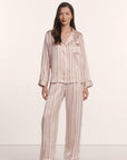 Model is wearing Inez Washable Silk Printed Long PJ Set in Brushstroke Misty Rose/Misty Rose
