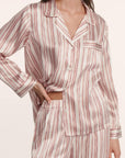 Model is wearing Inez Washable Silk Printed Long PJ Set in Brushstroke Misty Rose/Misty Rose