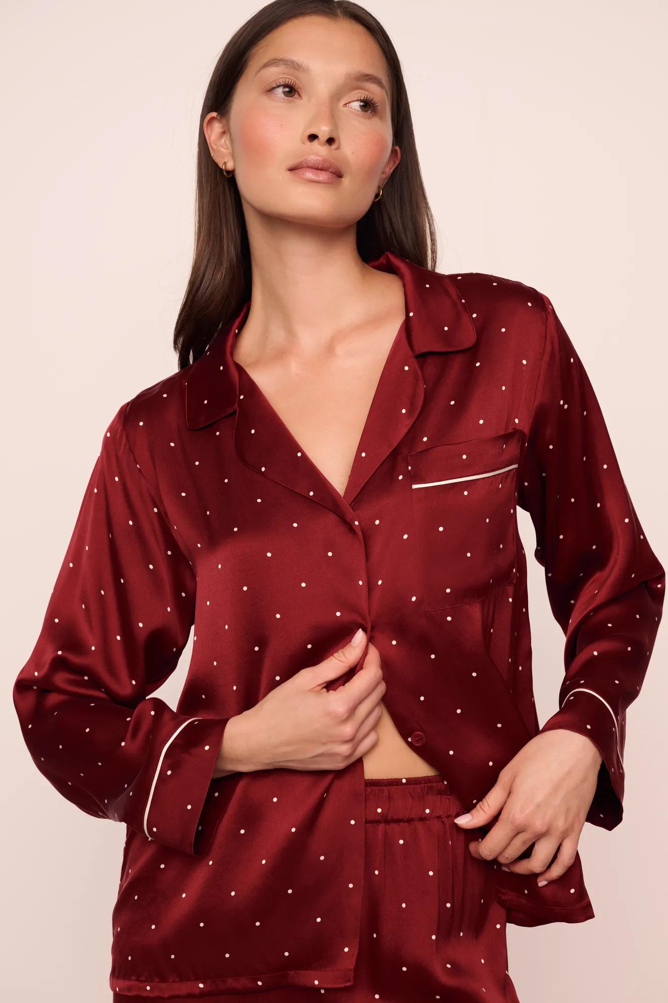 Model is wearing Inez Washable Silk Printed Long PJ Set in Dot Merlot/Ivory