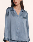 Model is wearing Inez Washable Silk Printed Long PJ Set in Duo Stripe Slate Blue/Ivory