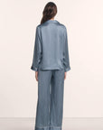 Model is wearing Inez Washable Silk Printed Long PJ Set in Duo Stripe Slate Blue/Ivory