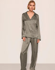 Model is wearing Inez Washable Silk Printed Long PJ Set in Petite Batik Smokeyolive/Ivory
