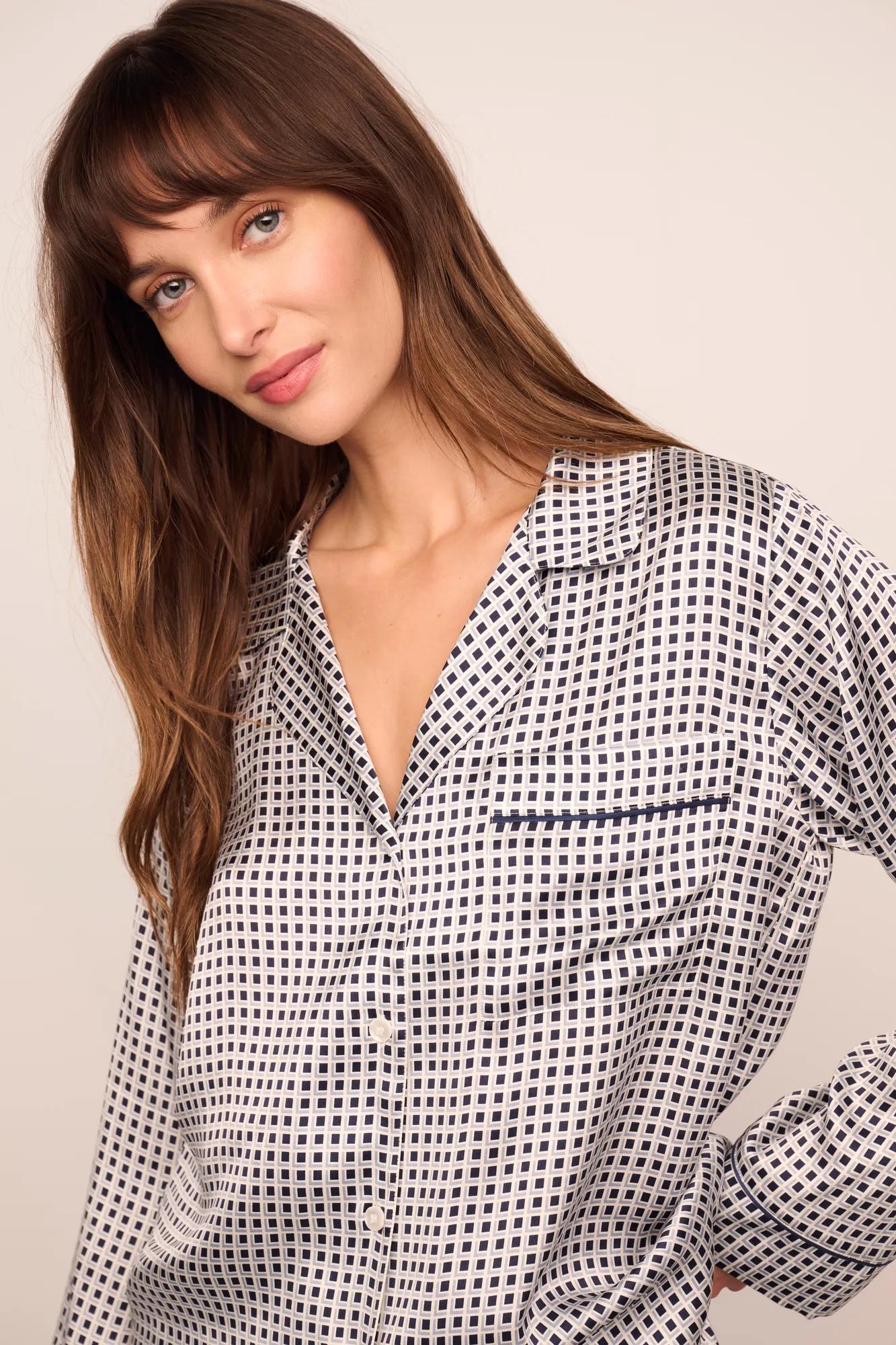 Model is wearing Inez Washable Silk Printed Long PJ Set in  Tile Square Gray Dawn/Navy
