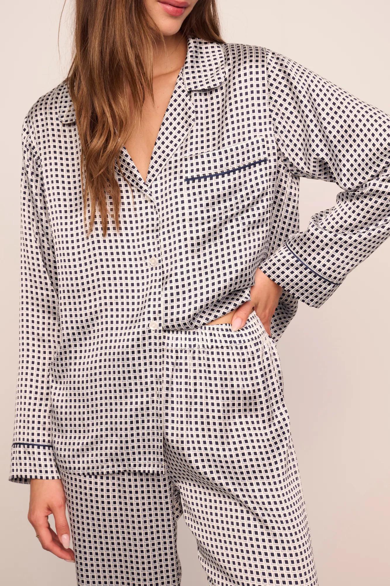 Model is wearing Inez Washable Silk Printed Long PJ Set in  Tile Square Gray Dawn/Navy