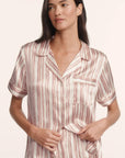 Model is wearing Inez Washable Silk Printed Short PJ Set in Brushstroke Misty Rose/Misty Rose
