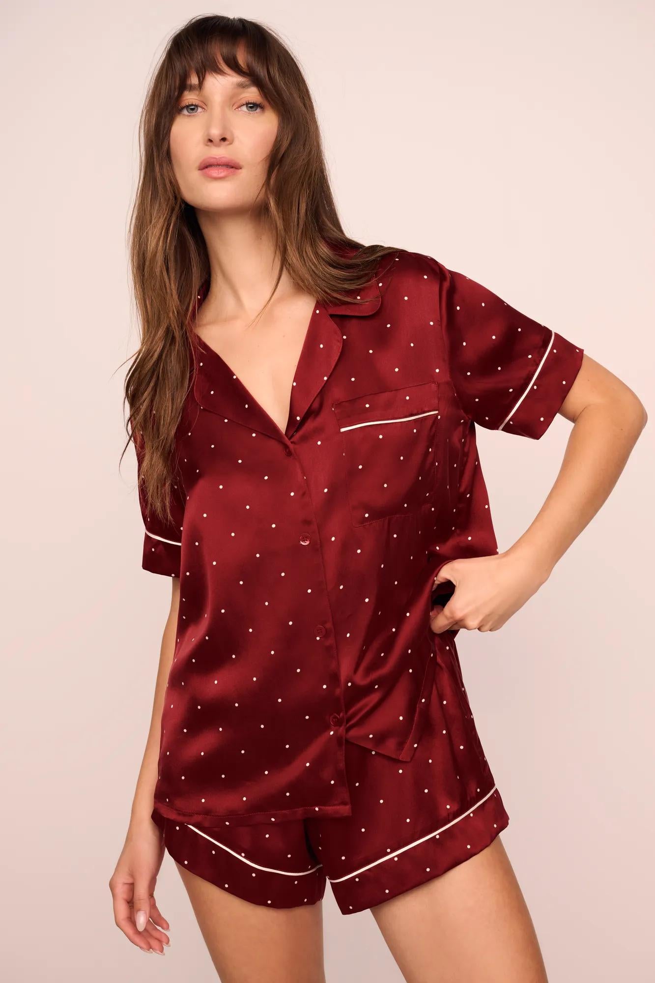 Model is wearing Inez Washable Silk Printed Short PJ Set in Dot Merlot/Ivory