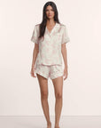 Model is wearing Inez Washable Silk Printed Short PJ Set in Rose Garden Cameo Pink/Pale Pi