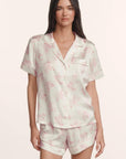 Model is wearing Inez Washable Silk Printed Short PJ Set in Rose Garden Cameo Pink/Pale Pi