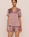 Model is wearing Inez Washable Silk Printed Short PJ Set in Tide Dot Fig/Ivory