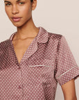 Model is wearing Inez Washable Silk Printed Short PJ Set in Tide Dot Fig/Ivory
