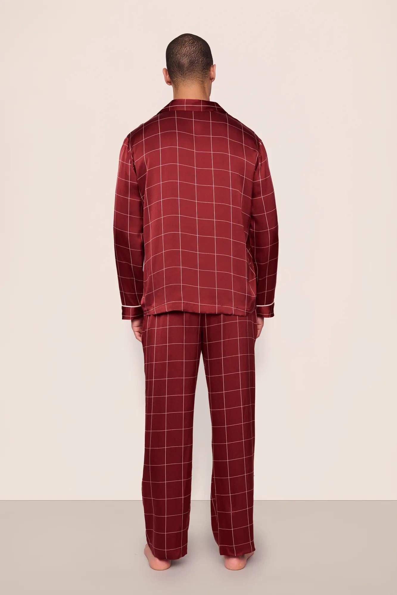 Model is wearing Charles Washable Silk Printed Long PJ Set in Simple Plaid Merlot/Ivory