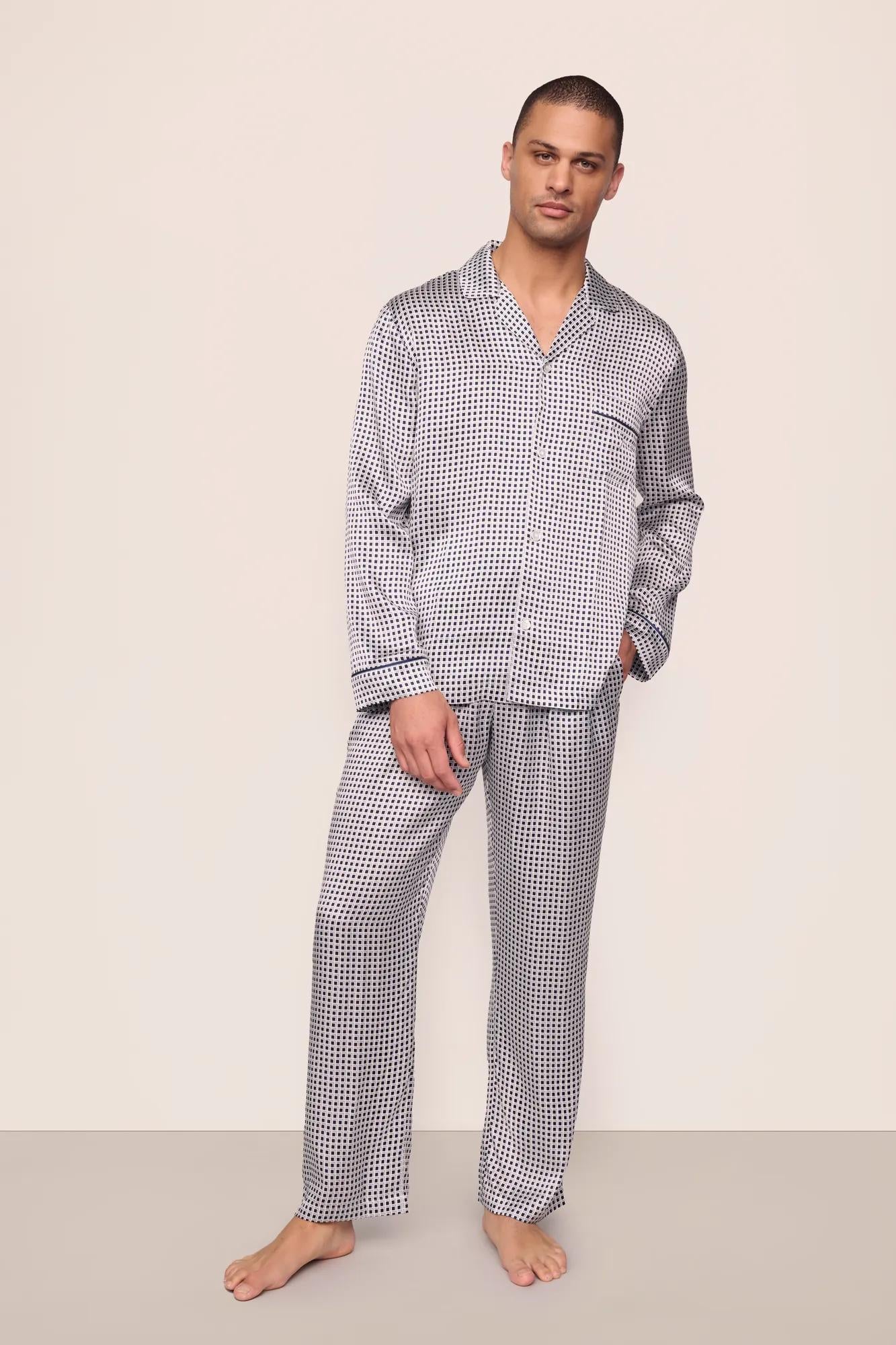 Model is wearing Inez Washable Silk Printed Long PJ Set  in  Tile Square Gray Dawn/Navy