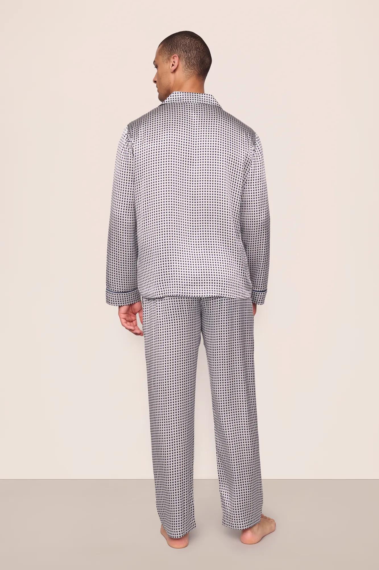Model is wearing Inez Washable Silk Printed Long PJ Set  in  Tile Square Gray Dawn/Navy
