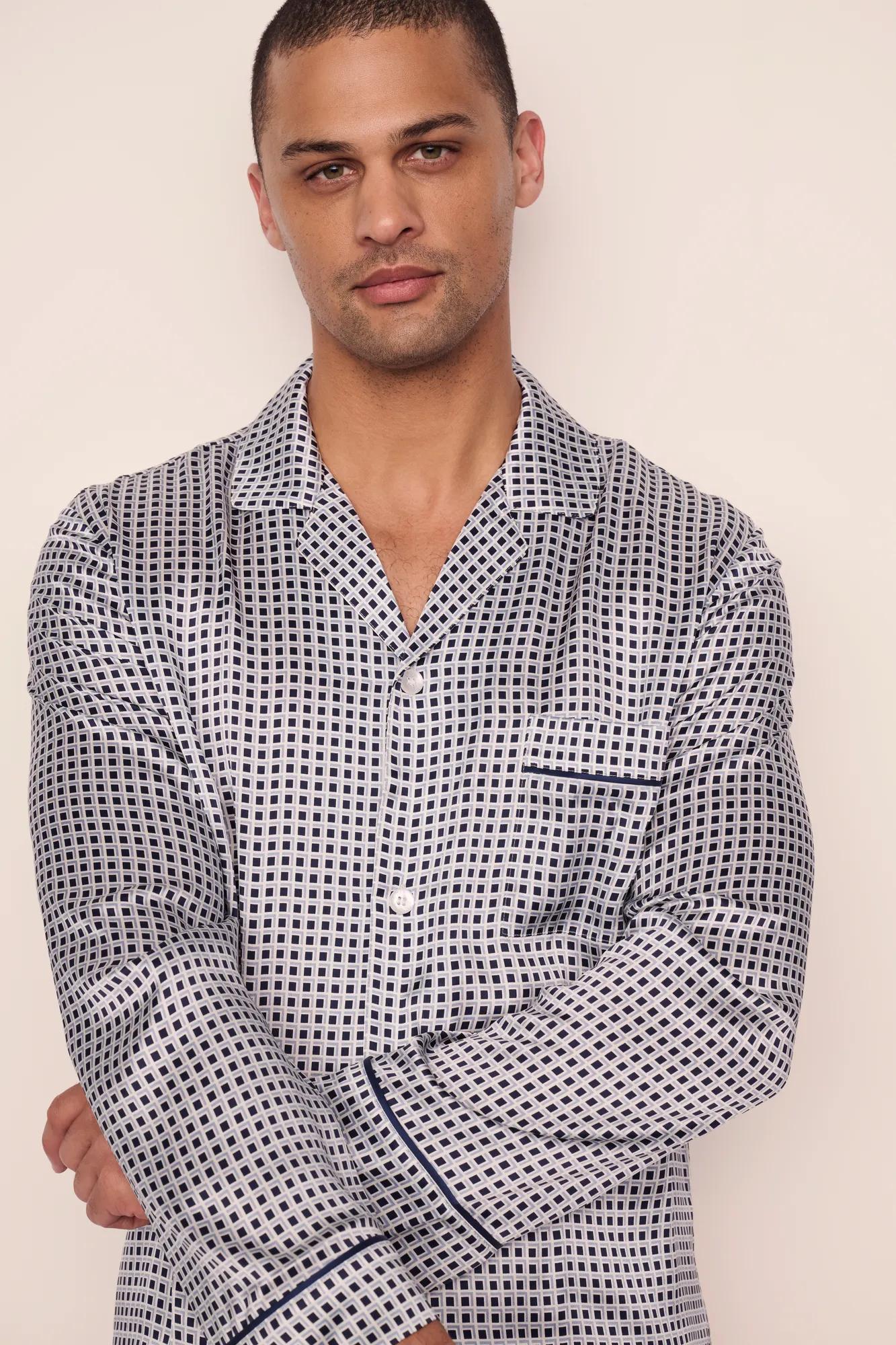 Model is wearing Charles Washable Silk Printed Long PJ Set  in  Tile Square Gray Dawn/Navy