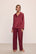 image of model wearing Inez Washable Silk Printed Long PJ Set in Heart Foulard Haute Red/Navy