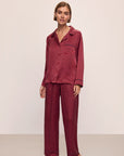 image of model wearing Inez Washable Silk Printed Long PJ Set in Heart Foulard Haute Red/Navy