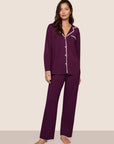 Model is wearing Frida TENCEL™ Modal Long PJ Set in Plum/Ivory