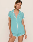 Model is wearing Frida TENCEL™ Modal Shortie Short PJ Set in Blue Lagoon/Ivory