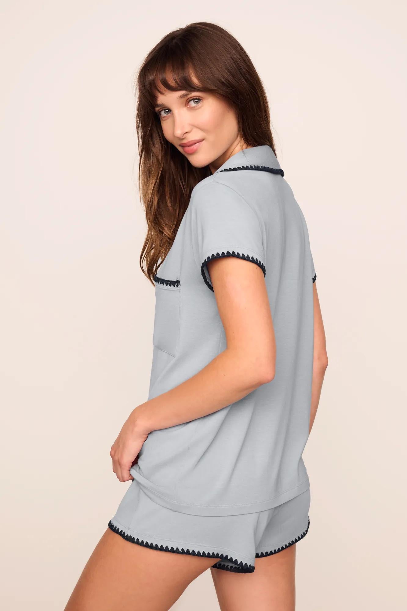 Model is wearing Frida TENCEL™ Modal Shortie Short PJ Set in  Gray Dawn/Navy