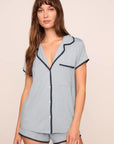 Model is wearing Frida TENCEL™ Modal Shortie Short PJ Set in Gray Dawn/Navy