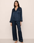 Model is wearing Inez Washable Silk Jacquard Long PJ Set in ClassicStripeJacquardNv/Iv