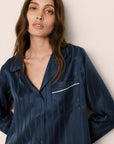 Model is wearing Inez Washable Silk Jacquard Long PJ Set in ClassicStripeJacquardNv/Iv