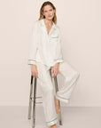 Model is wearing Inez Washable Silk Jacquard Long PJ Set in ClassicStripeJacquardPea/Na