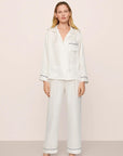 Model is wearing Inez Washable Silk Jacquard Long PJ Set in ClassicStripeJacquardPea/Na