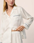 Model is wearing Inez Washable Silk Jacquard Long PJ Set in ClassicStripeJacquardPea/Na