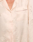 Model is wearing Inez Washable Silk Jacquard Long PJ Set in Floralvine Peachdust/Palemauve